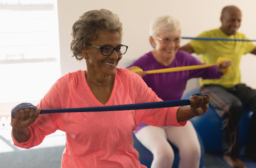 A group of seniors over 80 exercising
