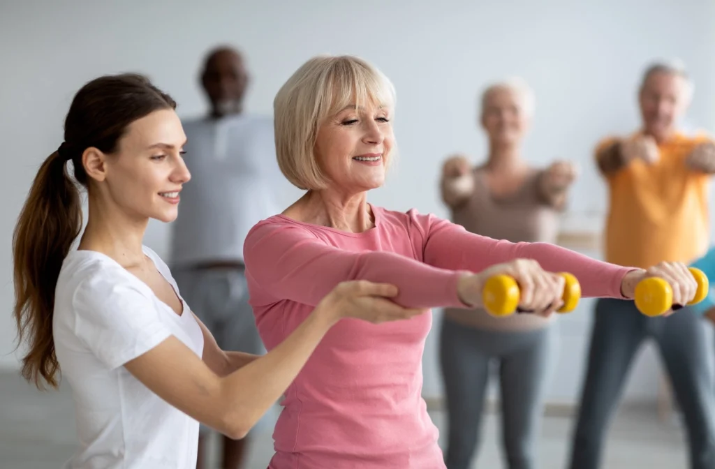 A mature blonde female resident wearing a pink young sleve shirt holds out two yellow weights during exercise class as she is assisted by a young brunette personal trainer wearing a white short sleeved shirt.