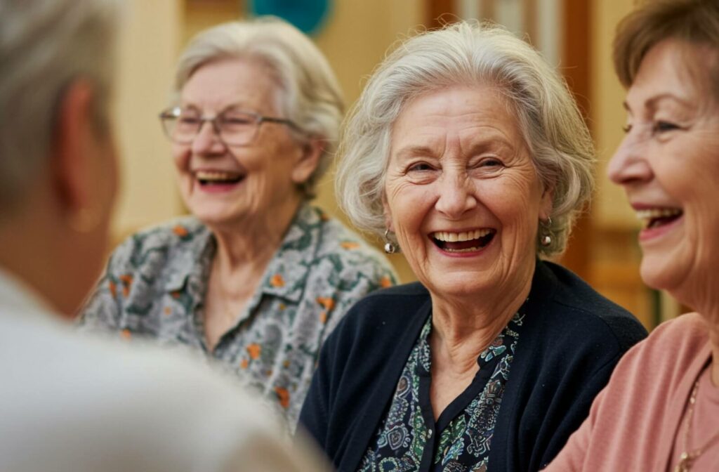 Group of older adults laughing together around a table during a lively conversation in a warm indoor setting